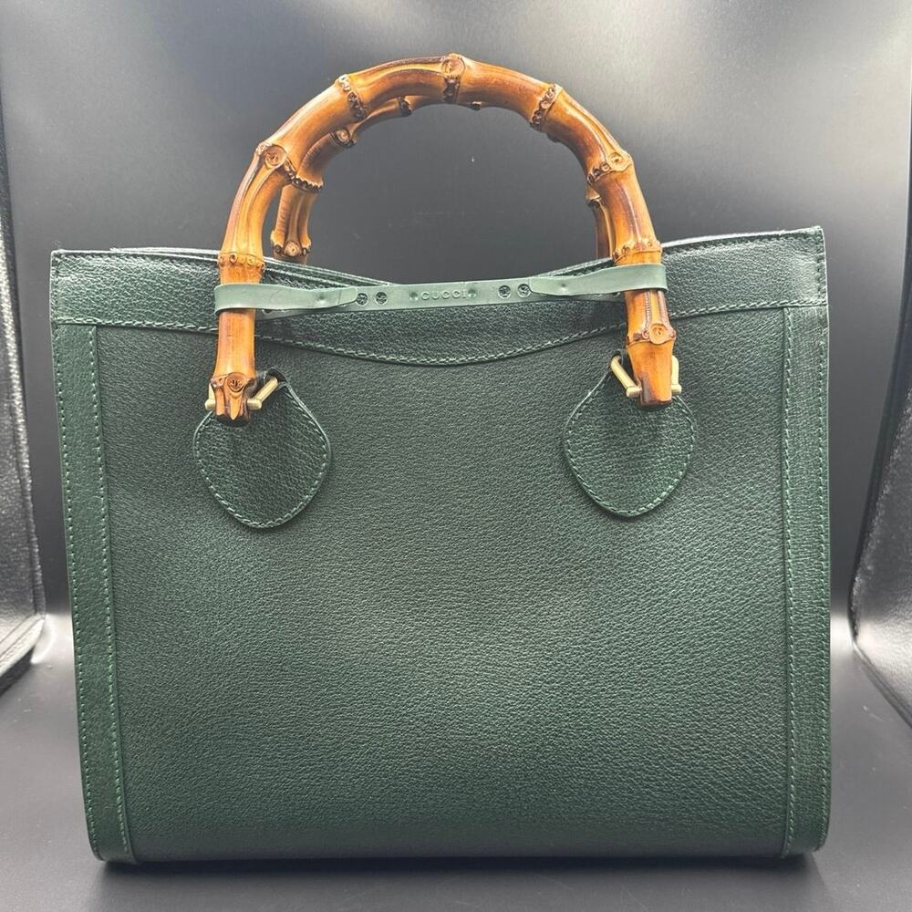 Vintage Gucci Bamboo Diana HTF Green Leather Tote Bag 002.123.0260 Authenticated